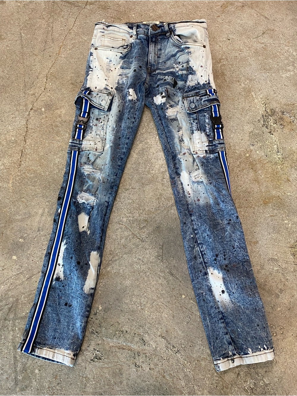 Distressed Blue Cargo Stripe Unisex Jeans Waist 30